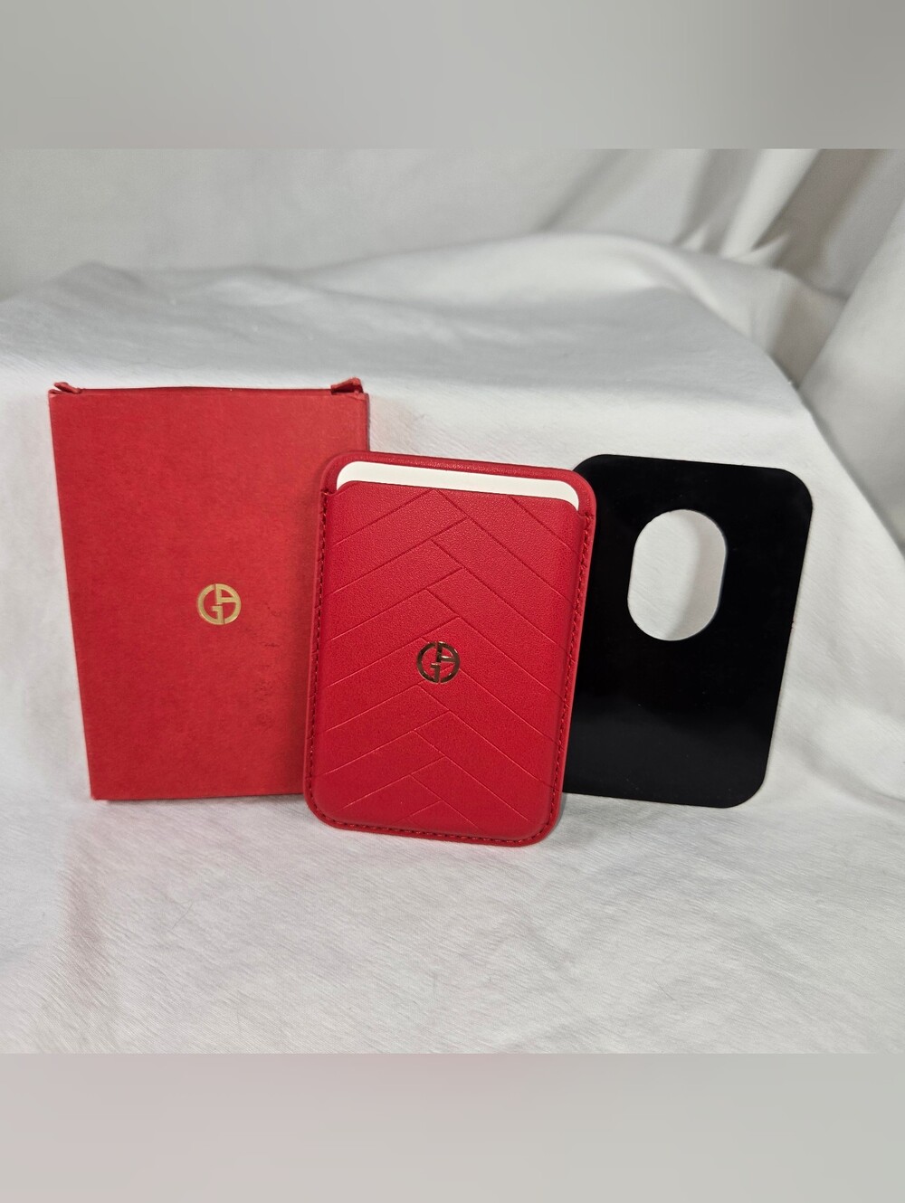 Red Faux Leather Card Wallet with Gold Logo - Armani - Attaches To Phone